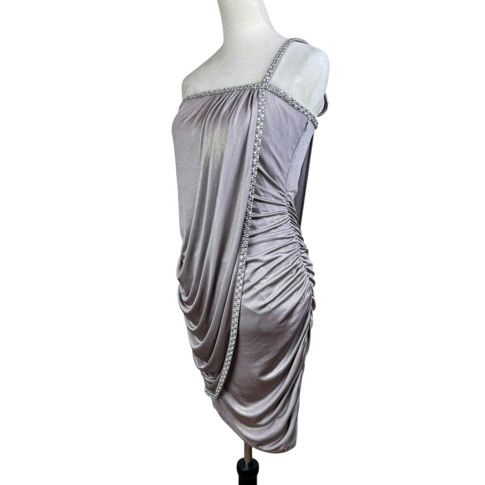 Laundry by Shelli Segal Metallic Taupe Rhinestone One Shoulder Ruched Mini Dress - Picture 2 of 11